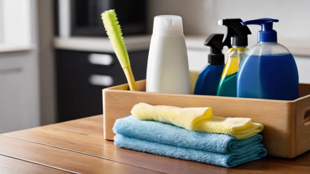 Professional cleaning supplies and microfiber cloths prepared for a home cleaning service.