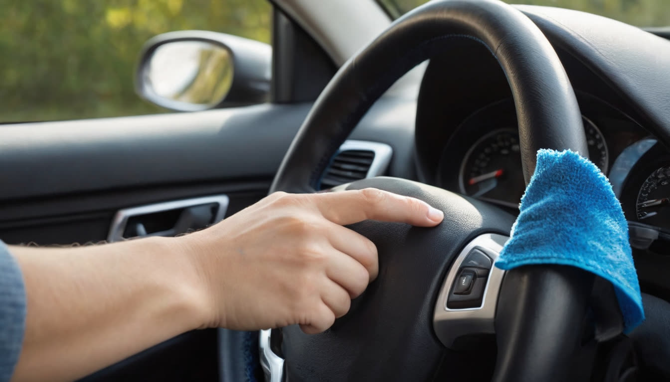 A person cleaning a car steering wheel with a microfiber cloth to remove germs.