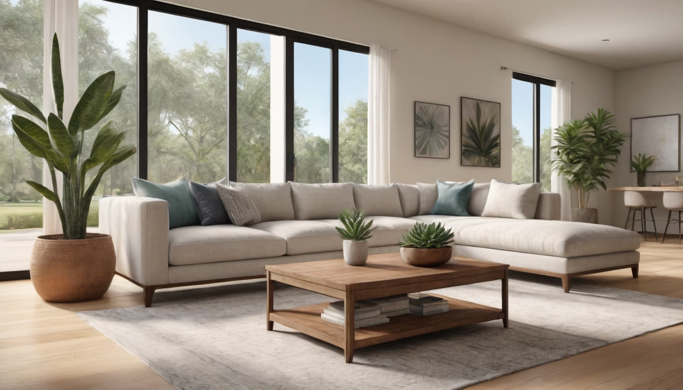 A bright and clean modern living room with sunlit hardwood floors.