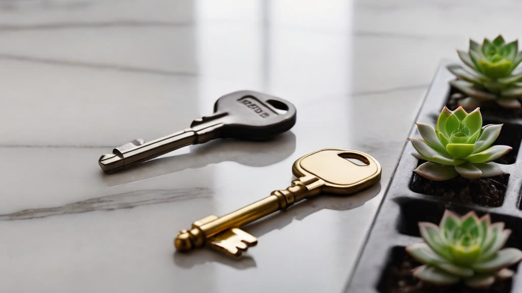 House keys on a clean marble surface representing home access.