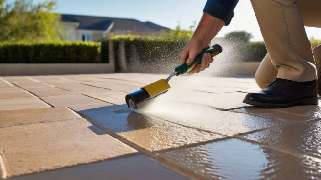 Applying a protective sealer to clean pavers.