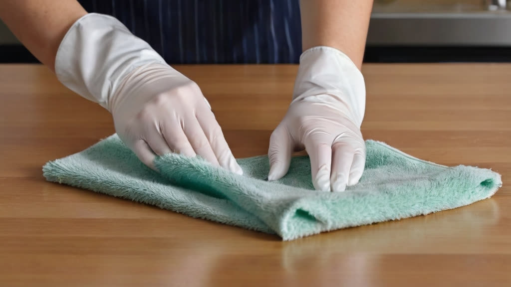 Cleaning a kitchen countertop with a microfiber cloth.