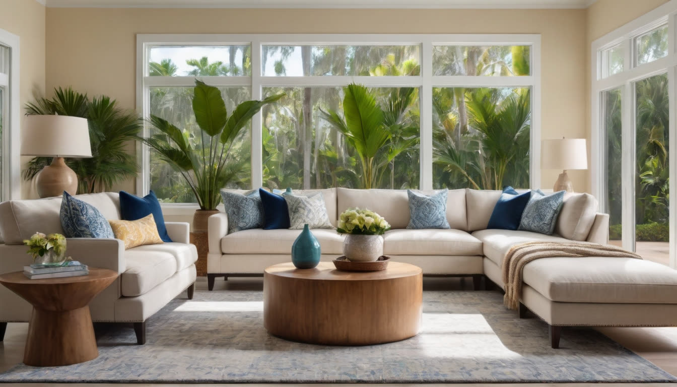 A bright and airy modern living room in Florida, perfectly clean and sunlit.