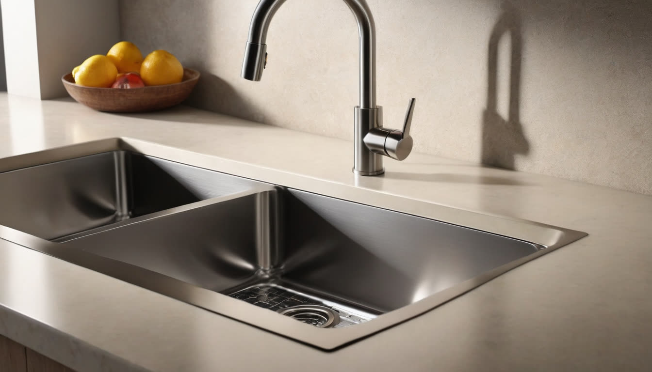 A sparkling clean, streak-free stainless steel kitchen sink reflecting natural light.