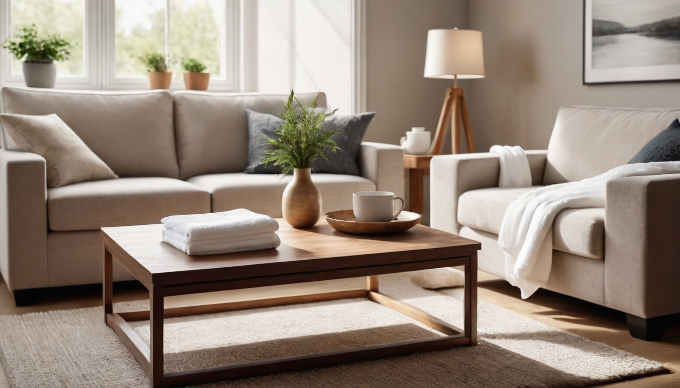 A bright, clean, and well-maintained modern living room reflecting professional cleaning standards.