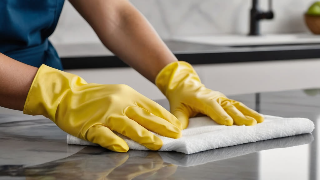 Professional cleaning technician performing detailed surface cleaning on a marble countertop.
