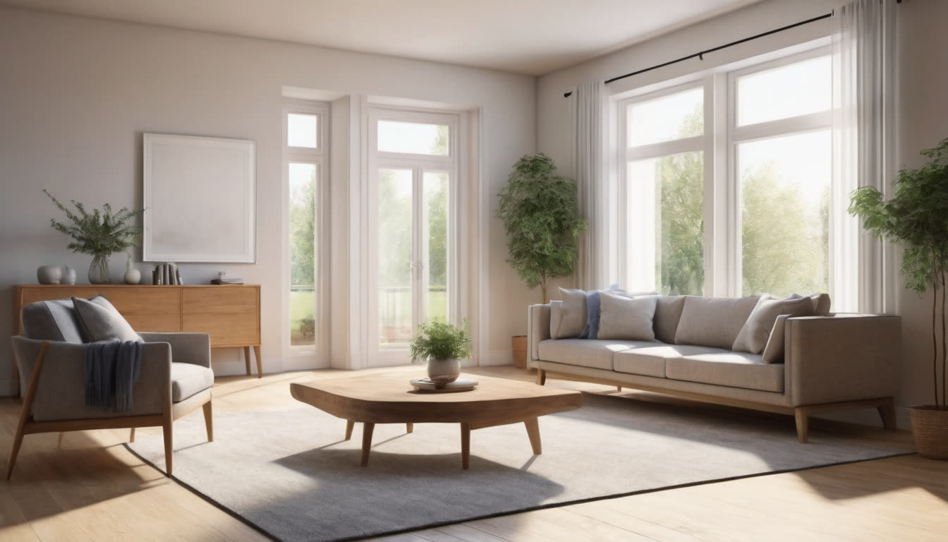 A bright and clean living room showing high indoor air quality