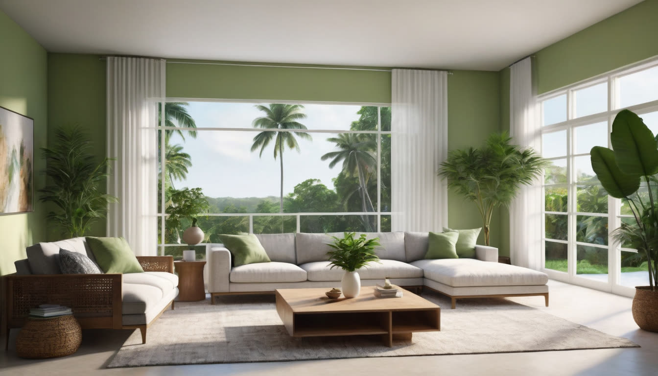 Sunlit modern living room representing clean indoor air quality