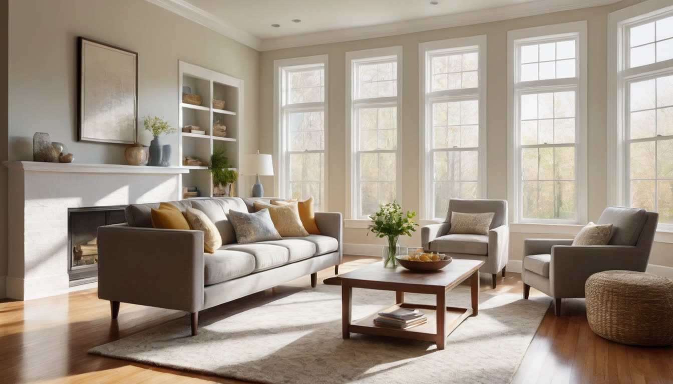 A clean, sunlit living room showing an airy and dust-free environment.