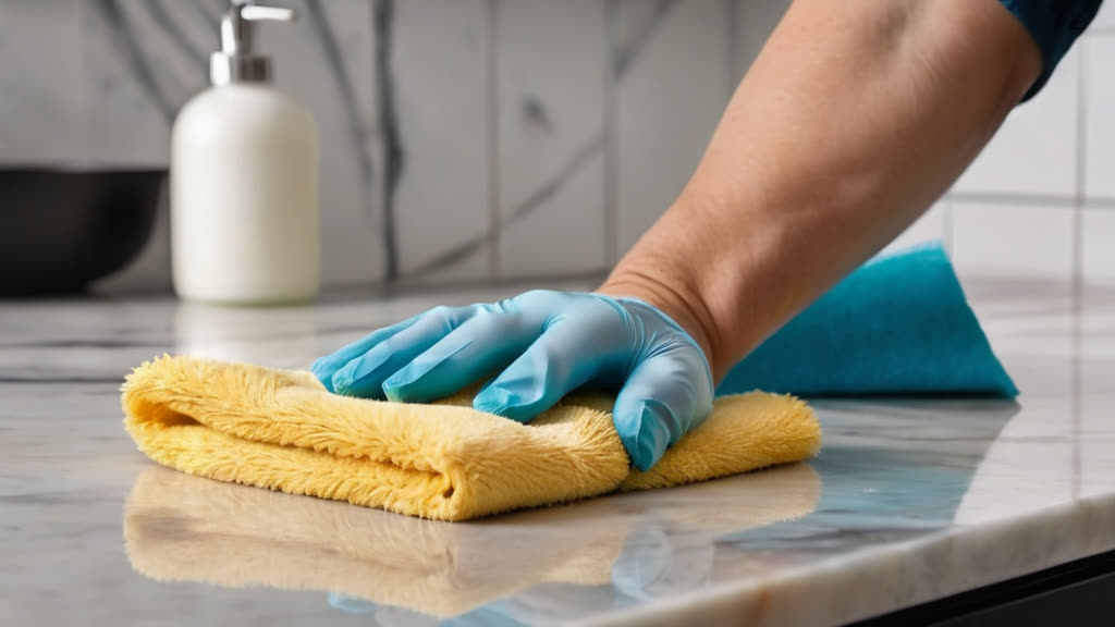 Close-up of professional cleaning a marble countertop to ensure a deep clean.