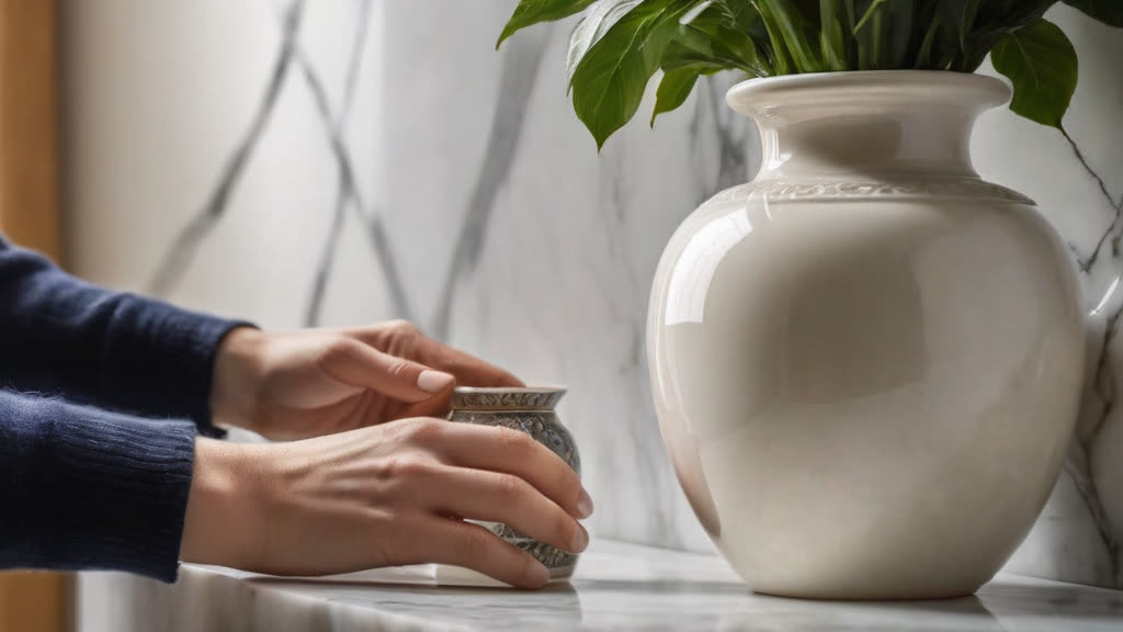 A professional cleaner handling household items with extreme care.