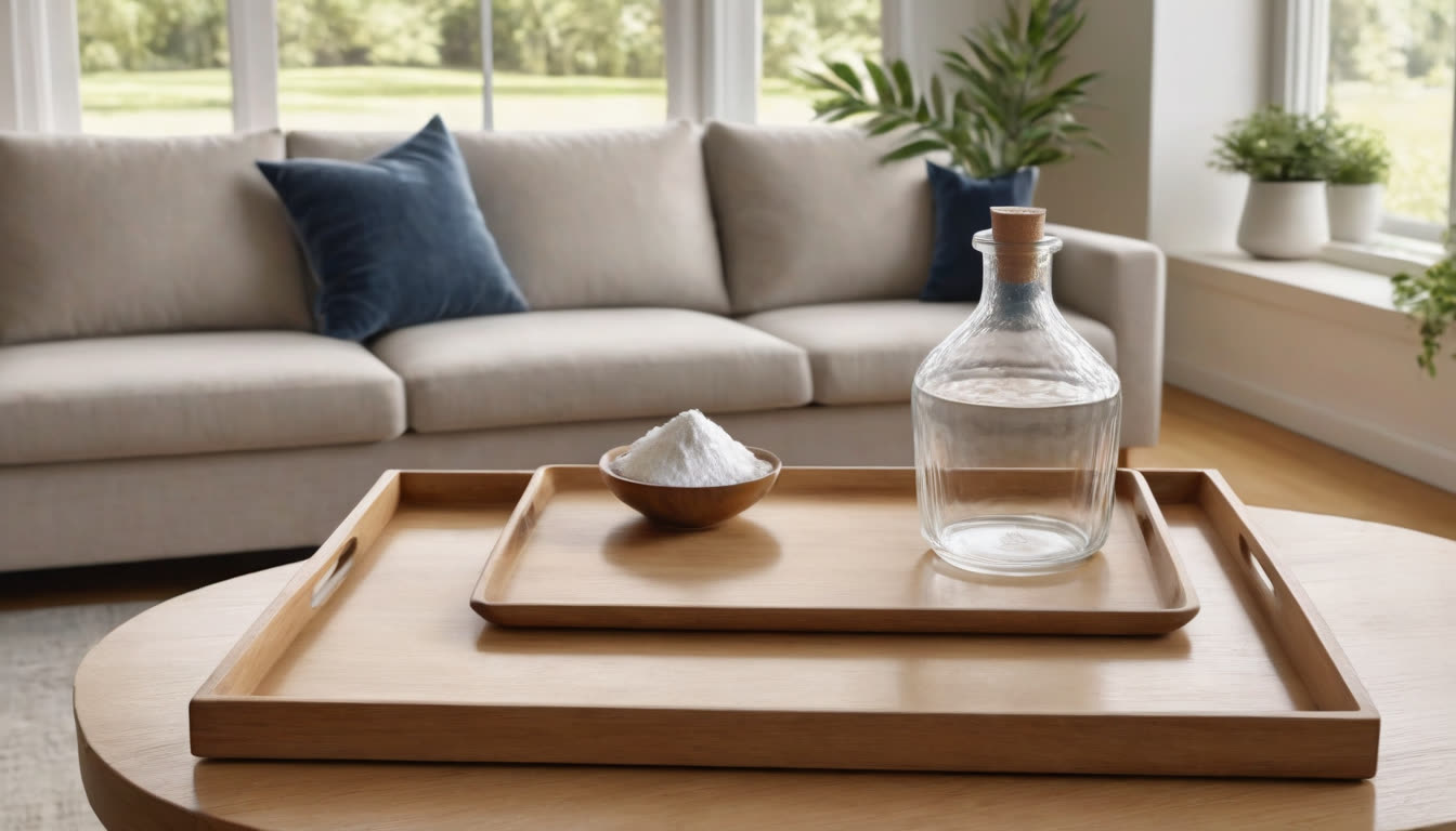 A clean, sunlit living room setup with eco-friendly cleaning supplies on a wooden table.