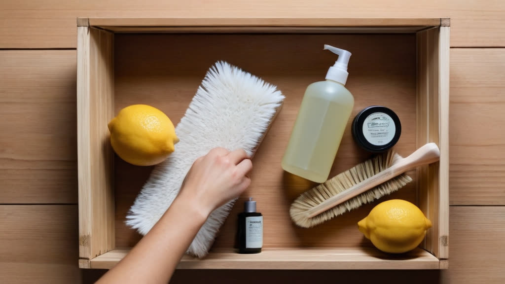 Organized cleaning supplies in a wooden crate for the zone cleaning method.