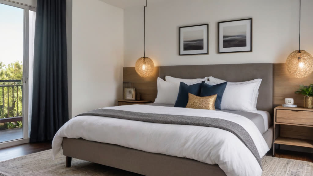 A pristine, professionally cleaned bedroom prepared for a vacation rental guest.