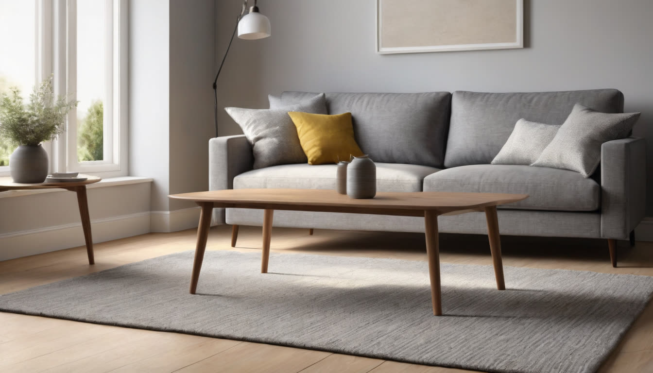 A clean and bright modern living room featuring a well-maintained grey fabric sofa.