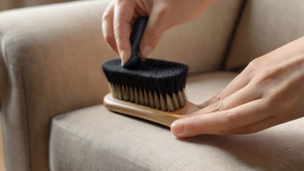 Using a soft brush to maintain upholstery fabric fibers.