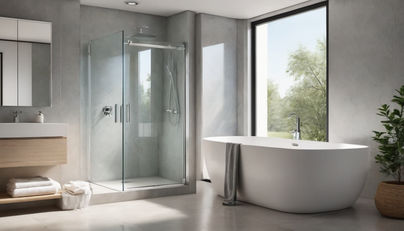 A sparkling clean glass shower door with polished chrome fixtures in a bright bathroom.