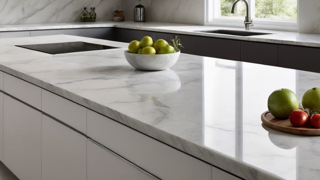 A pristine, clean marble kitchen countertop.