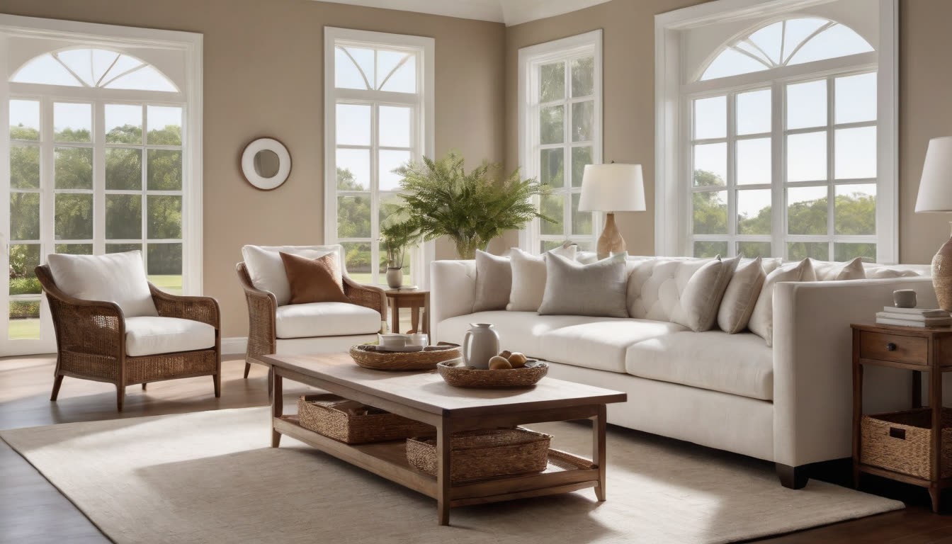 A bright, sunlit, and perfectly clean modern living room showing high-end home maintenance.