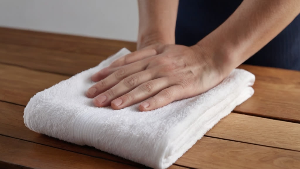 Close up of a person carefully arranging clean, white linens with precision.