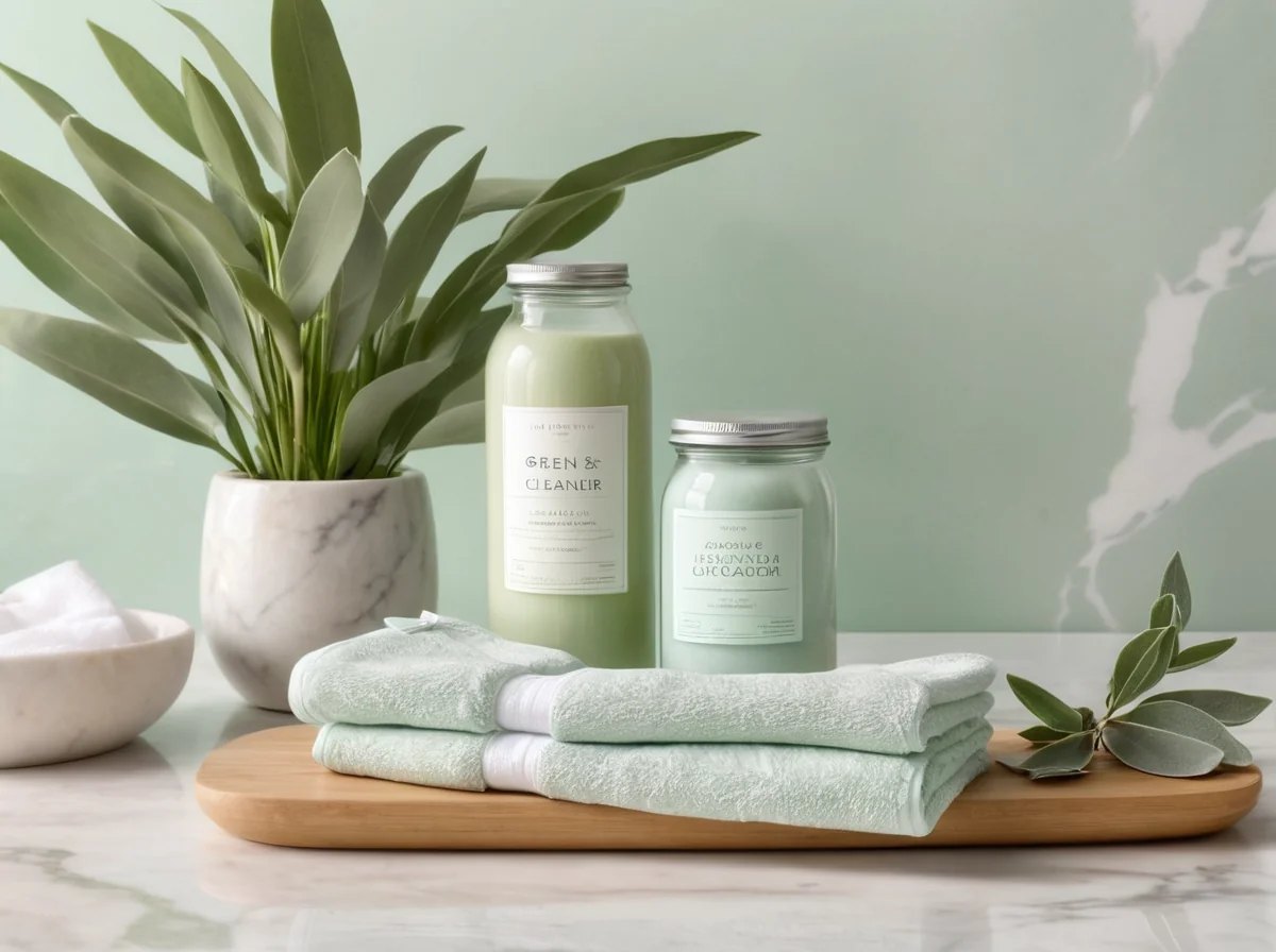 Eco-friendly cleaning supplies and microfiber cloths — plant-based products used by Pure Pristine Cleans