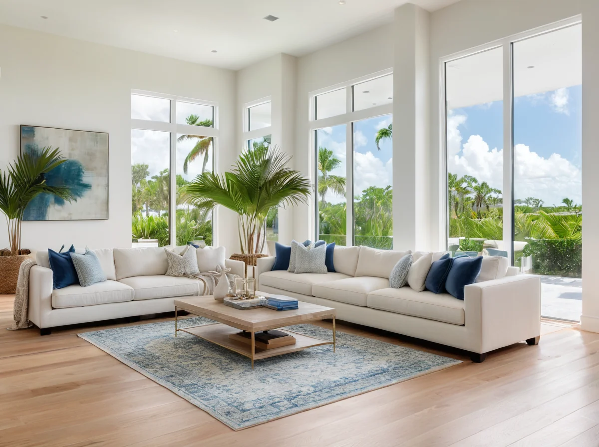 Bright modern Florida home interior, sun-drenched living room — Pure Pristine Cleans