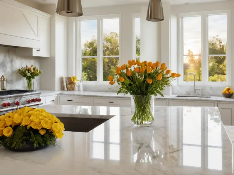 Bright, freshly cleaned kitchen with marble counters