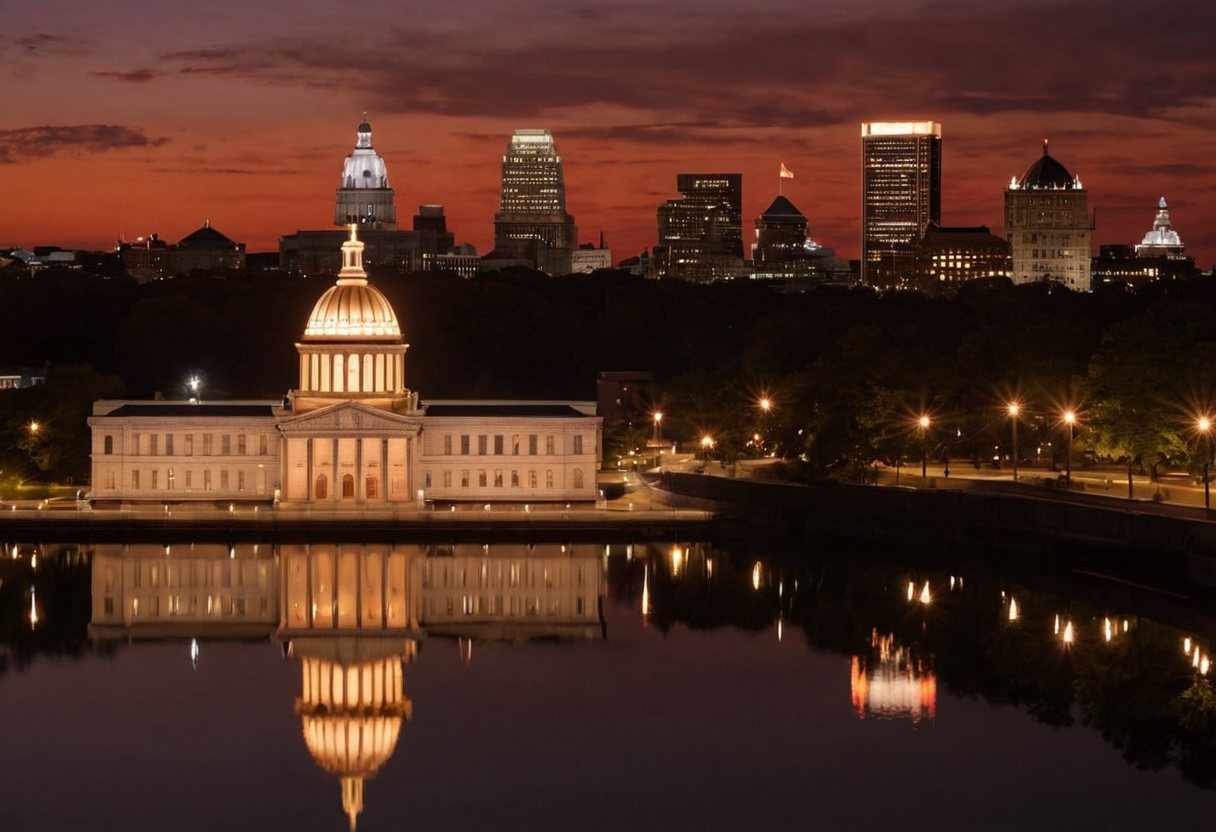 Providence Rhode Island skyline at dusk with State House and river reflection
