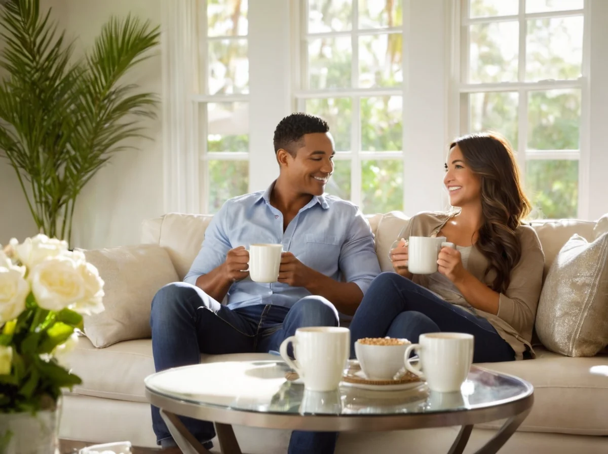 A couple relaxing in a spotless living room — enjoy your clean home